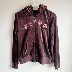 BCBCMaxazria Brown Velvet Velour Embroidered Y2K Hooded Sweatshirt 90s
